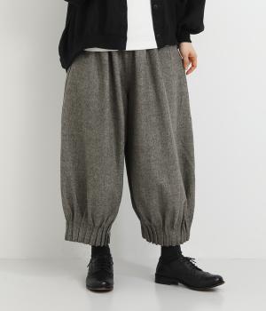 先染めウォッシャブルツイード 裾変形ピンタック加工裏付 ワイドシルエットパンツ