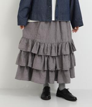 先染めシャンブレーメランジ杢無地3段ティアードフリル両サイドポケット付裏付スカート(シャンブレーグレー杢-F)