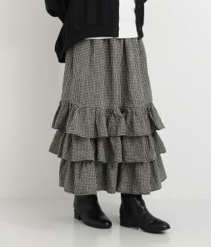 先染めギンガムチェック3段ティアードフリル両サイドポケット付裏付スカート(ギンガム-F)