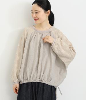 裾絞りラグラン袖刺繍×無地配色リブ付き2wayブラウス
