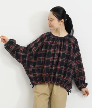 先染ウールガーゼ裾絞りラグランリブ付き2wayブラウス(レッド×ネイビー-F)