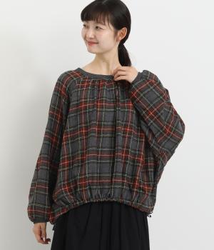 先染ウールガーゼ裾絞りラグランリブ付き2wayブラウス(グレー×レッド-F)