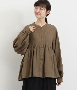 先染めシャンブレーメランジ杢無地バンドカラーウエストギャザー後フリル比翼シャーリング袖ブラウス(シャンブレーブラウン杢-F)