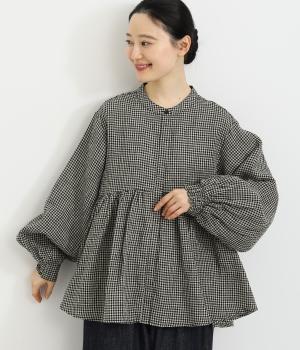 先染めチェックバンドカラーウエストギャザー後フリル比翼シャーリング袖ブラウス