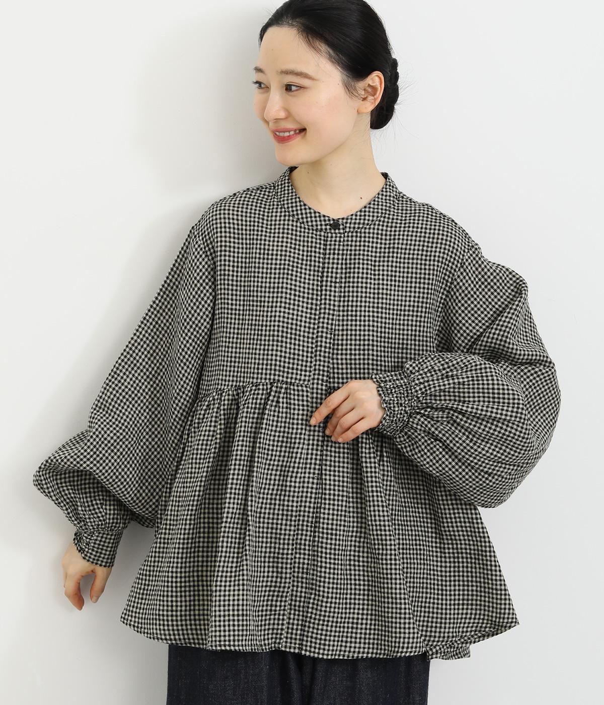 先染めチェックバンドカラーウエストギャザー後フリル比翼シャーリング袖ブラウス(3mmギンガム-F)