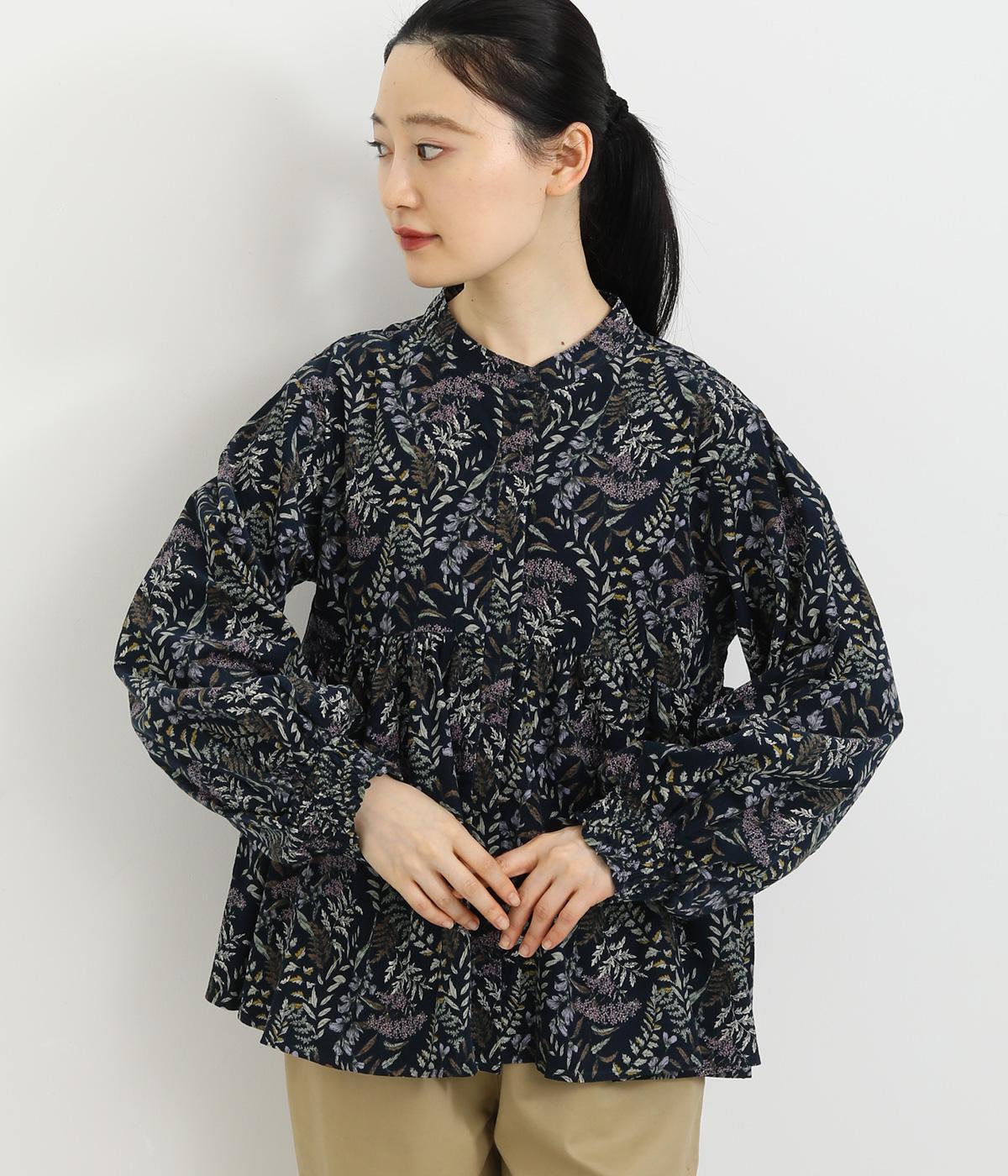 コーデュロイプリントバンドカラーウエストギャザー後フリル比翼シャーリング袖ブラウス(ネイビー-F)