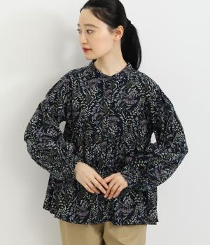 コーデュロイプリントバンドカラーウエストギャザー後フリル比翼シャーリング袖ブラウス(ネイビー-F)