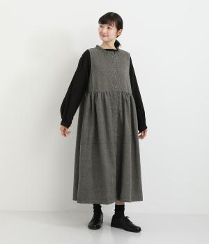 ヘリンボーン起毛襟フリル途中比翼ウエストギャザー両サイドポケットノースリーブワンピース
