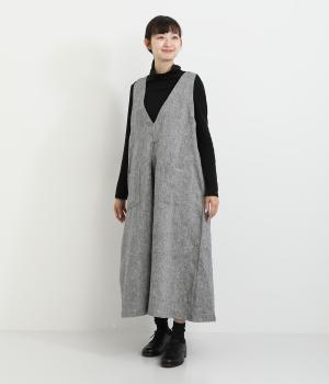 先染めシャンブレー起毛胸元多数ピンタックウエストギャザーV襟2wayノースリーブジャンパースカート(グレーシャンブレー-F)