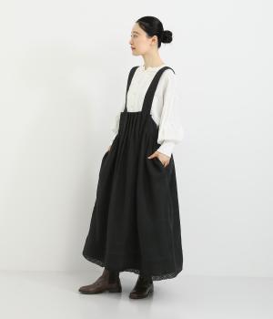 ブラッシュツイル裾ピンタック&レース加工ウエストボックスギャザー2wayジャンパースカート