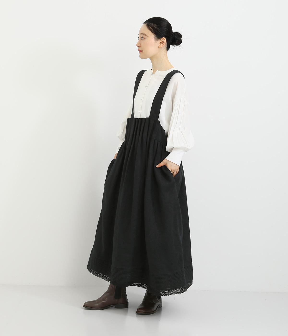 ブラッシュツイル裾ピンタック&レース加工ウエストボックスギャザー2wayジャンパースカート(ブラック-F)