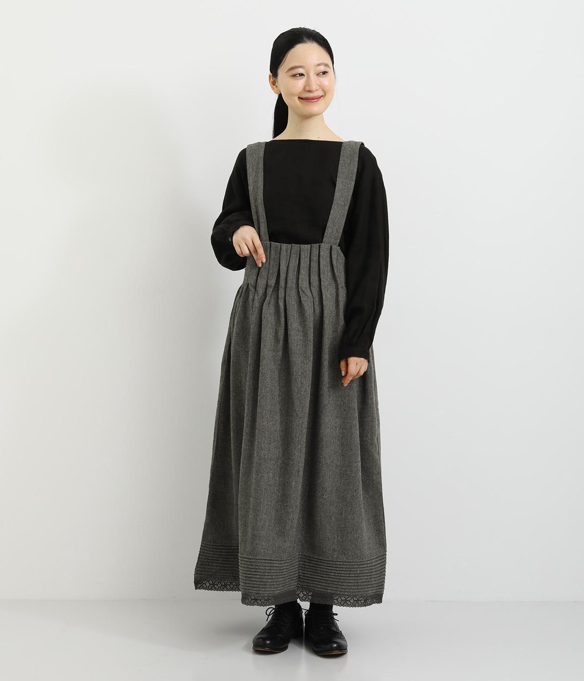 ヘリンボーン起毛裾ピンタック&レース加工ウエストボックスギャザー2wayジャンパースカート(グレー-F)
