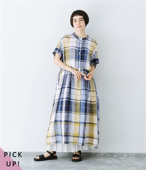 別注｜リネンチェック　バンドカラー切替比翼　二枚袖半袖前開きワンピース(イエロー×ブルー-ONESIZE)
