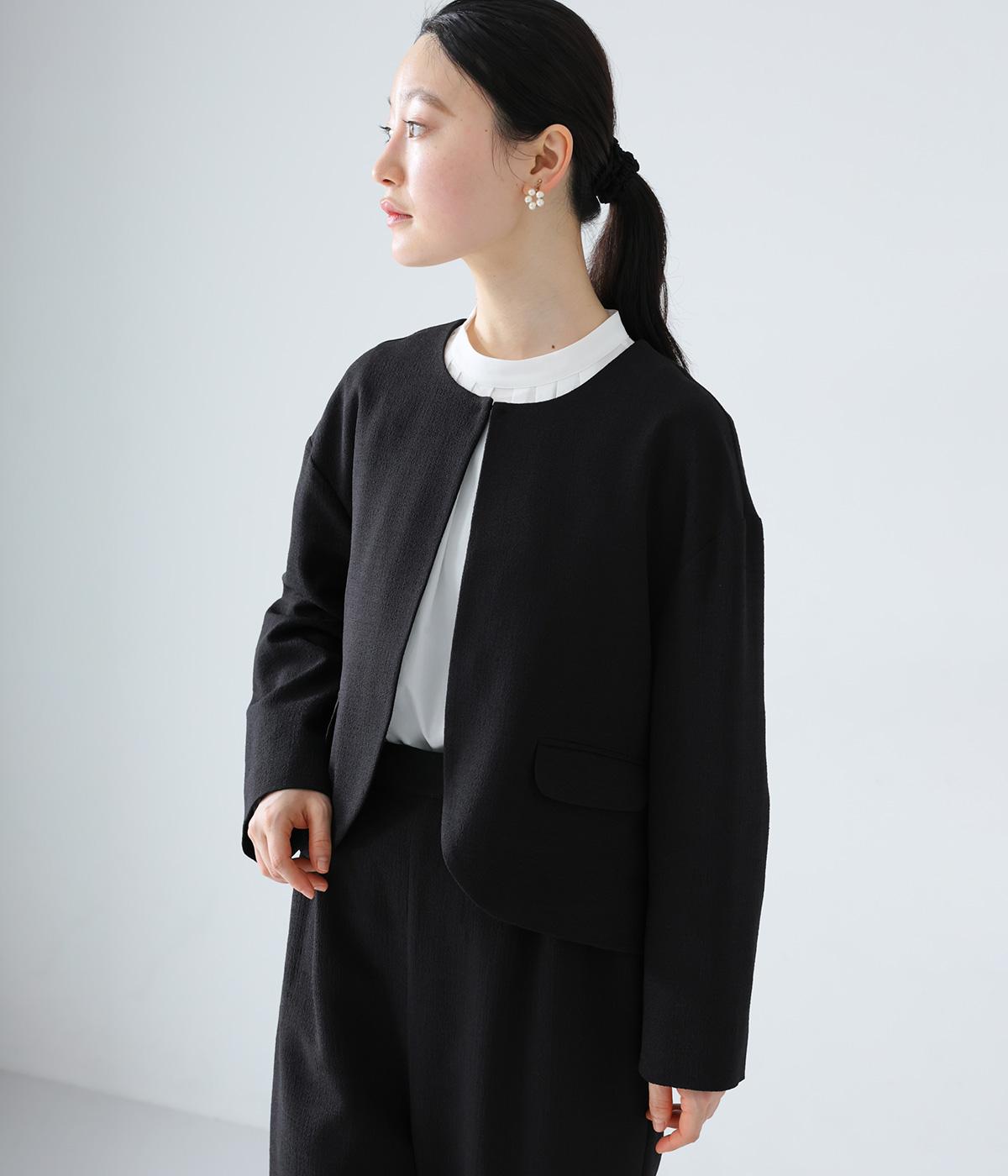 クレープファブリッククルーネックジャケット(ブラック-F)