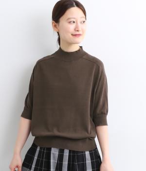 コットンテンセル強撚ストレート モックネックハーフスリーブプルオーバー(ブラウン-ONESIZE)