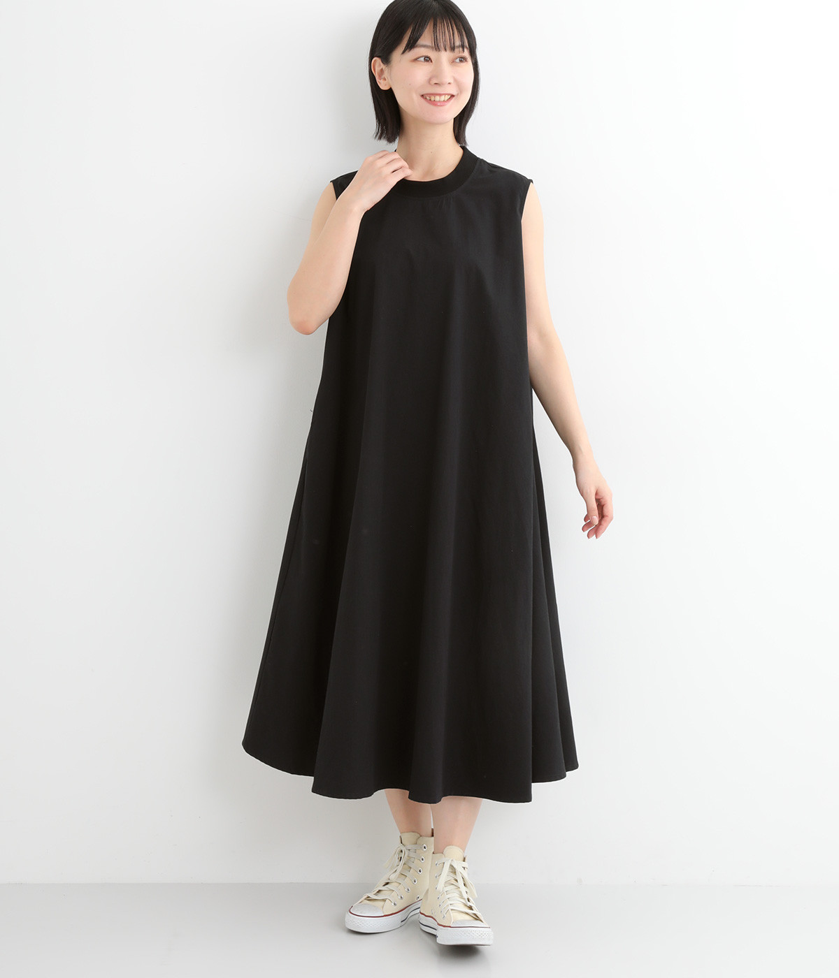 32高密コットンウォッシュド加工 リブカラーフレアーワンピース(ブラック-ONESIZE)