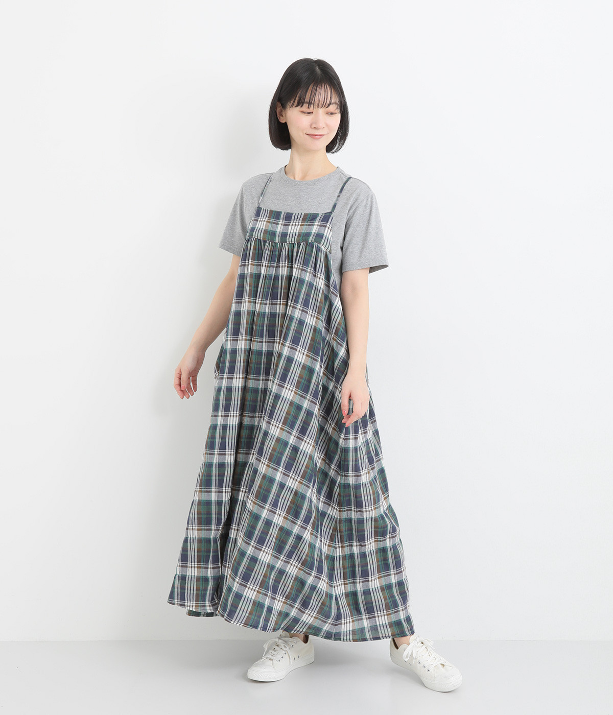 美品】芽風 mefu ゆったり ワンピース チェック柄 コットンリネン 38