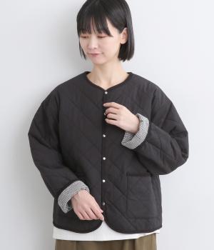 コットンクロスウールコットンキルトリバーシブルブルゾン(ブラック-F)