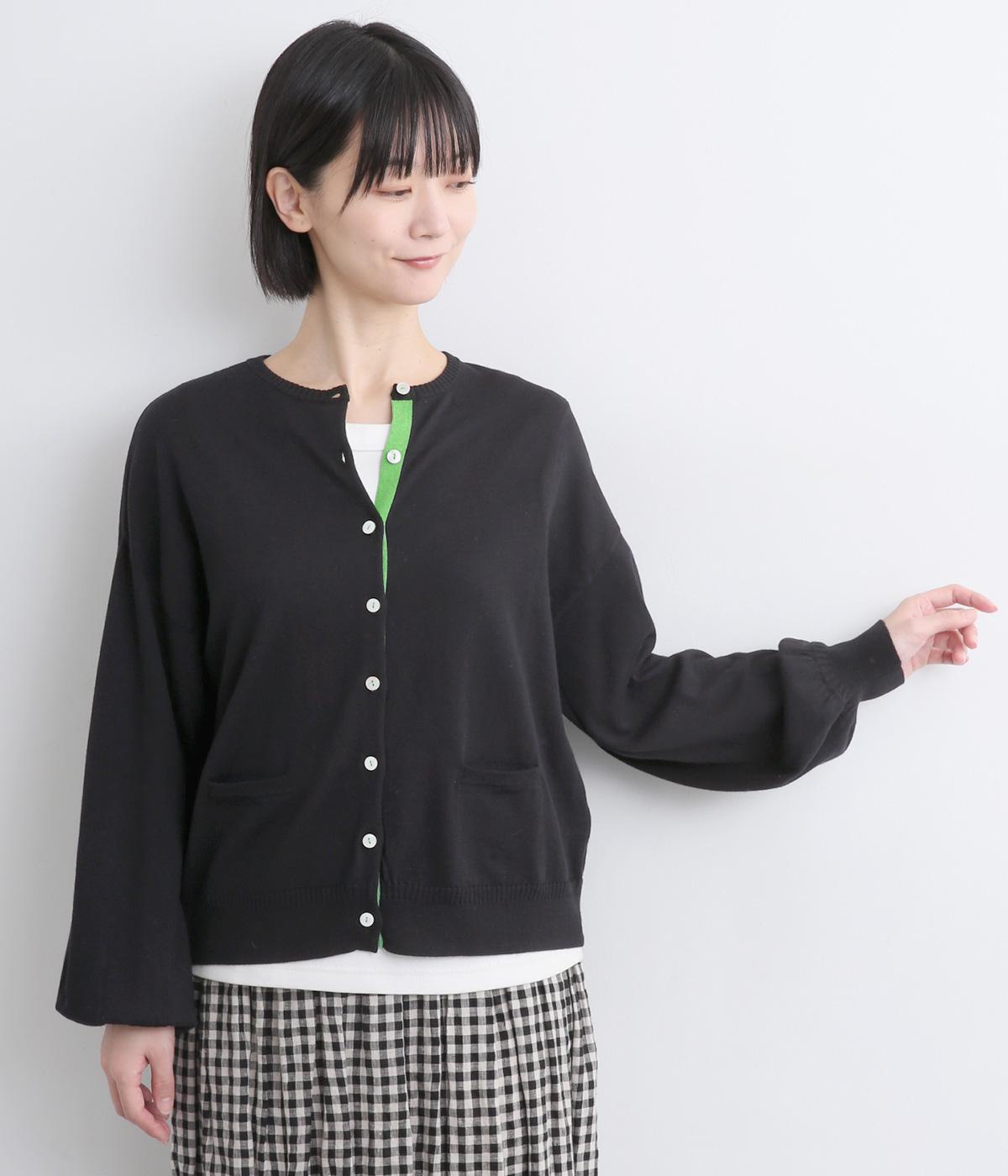 コットンメリノウールヤーンバルーンスリーブニットカーディガン(ブラック-F)
