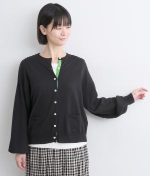 コットンメリノウールヤーンバルーンスリーブニットカーディガン(ブラック-F)