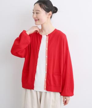 コットンメリノウールヤーンバルーンスリーブニットカーディガン(レッド-F)