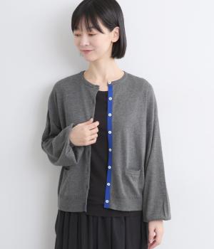 コットンメリノウールヤーンバルーンスリーブニットカーディガン(トップチャコール-F)