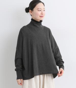 コットンメリノウールヤーンダブルネックタートルニットプルオーバー(トップチャコール-F)