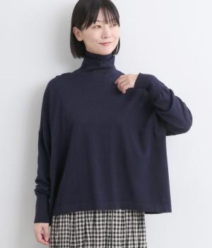 コットンメリノウールヤーンダブルネックタートルニットプルオーバー(ネイビー-F)