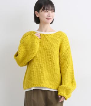 アクリルウールバルキーヤーンローゲージニットプルオーバー(イエロー-F)