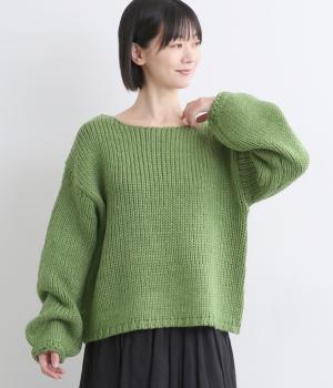 アクリルウールバルキーヤーンローゲージニットプルオーバー(グリーン-F)
