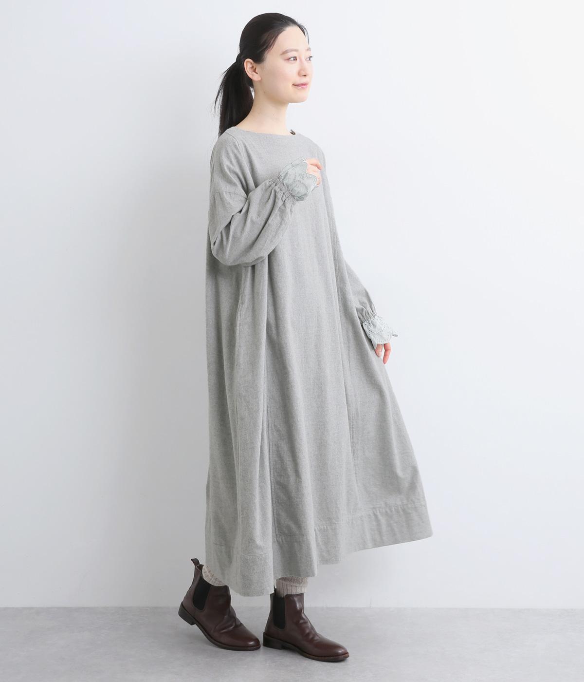 コットンソフトネル起毛レースカフスボックスワンピース(グレー-F)