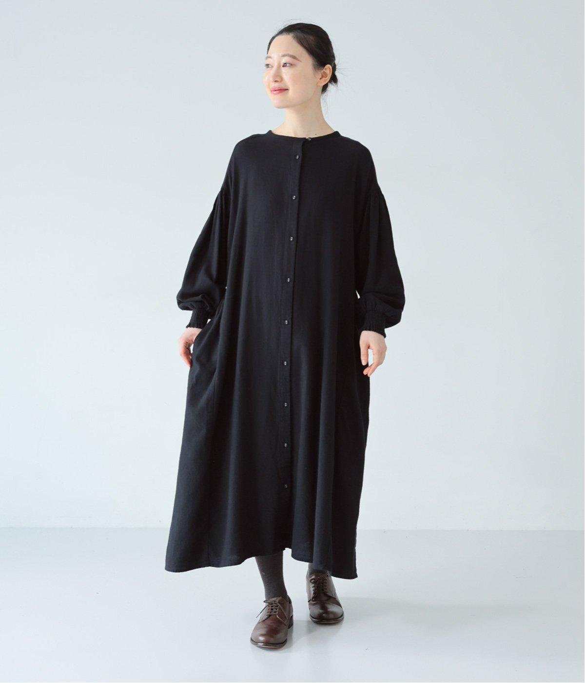 コットンウールビエラシャーリングカフスフレアワンピース(ブラック-F)