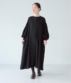 コットンウールビエラシャーリングカフスフレアワンピース(ブラック-F)