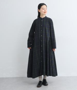 コットンタック＆ギャザーデザインワンピース(ネイビーチェック-F)