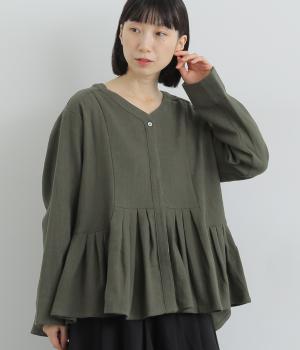 リネンコットンワンウォッシュタックデザインシャツジャケット(チャコール-ONESIZE)