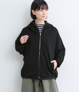 フリースドルマンスリーブデザインフーディ(ブラック-F)