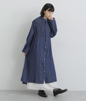 コットンリネンワンウォッシュレーヨンピンタック＆レースデザインワンピース