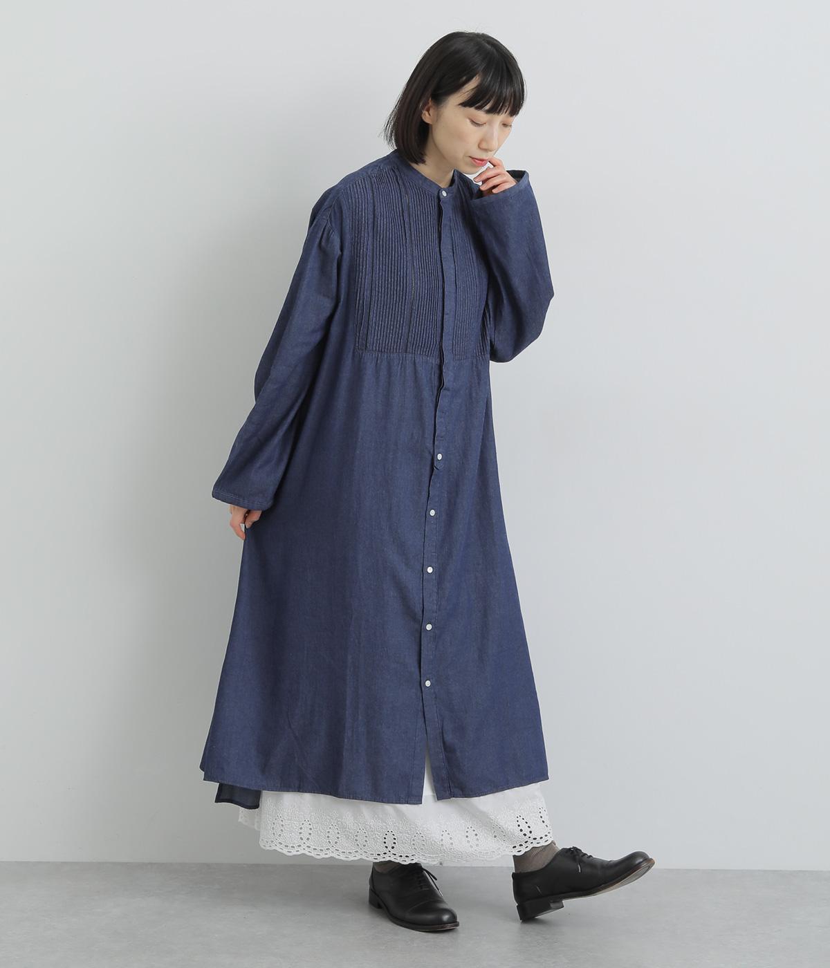 コットンリネンワンウォッシュレーヨンピンタック＆レースデザインワンピース(インディゴ-F)