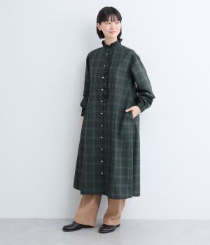 フリルデザインバンドカラーワンピース(ブラックウォッチ-F)