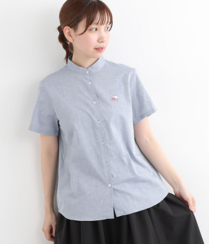 コットンシャンブレー自転車の女の子刺繍スタンドカラーレギュラーシャツ