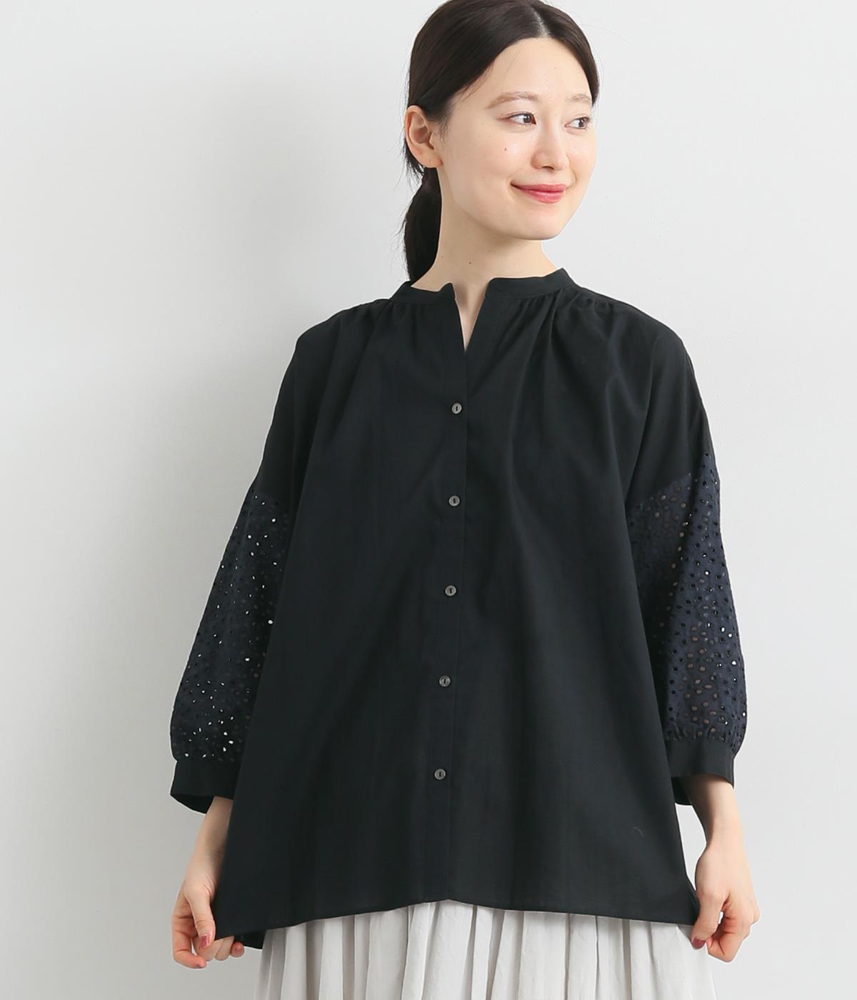 ローンアイレットレース7分袖スキッパーシャツ(ネイビー-ONESIZE)