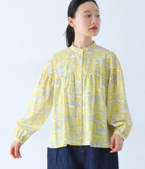 コットンヨットプリント　スタンド切替ギャザーブラウス