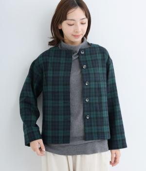 ウール混タータンチェックノーカラージャケット