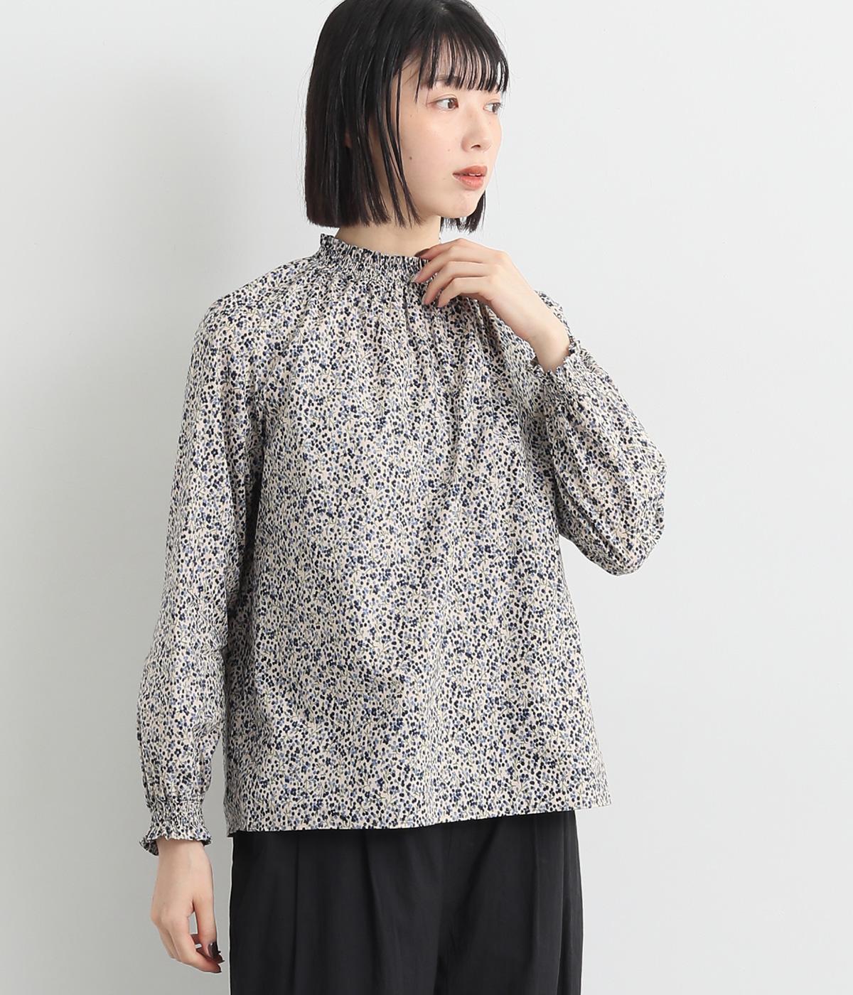 コットンローン木の実シャーリングプルオーバーブラウス(ブルー系-ONESIZE)