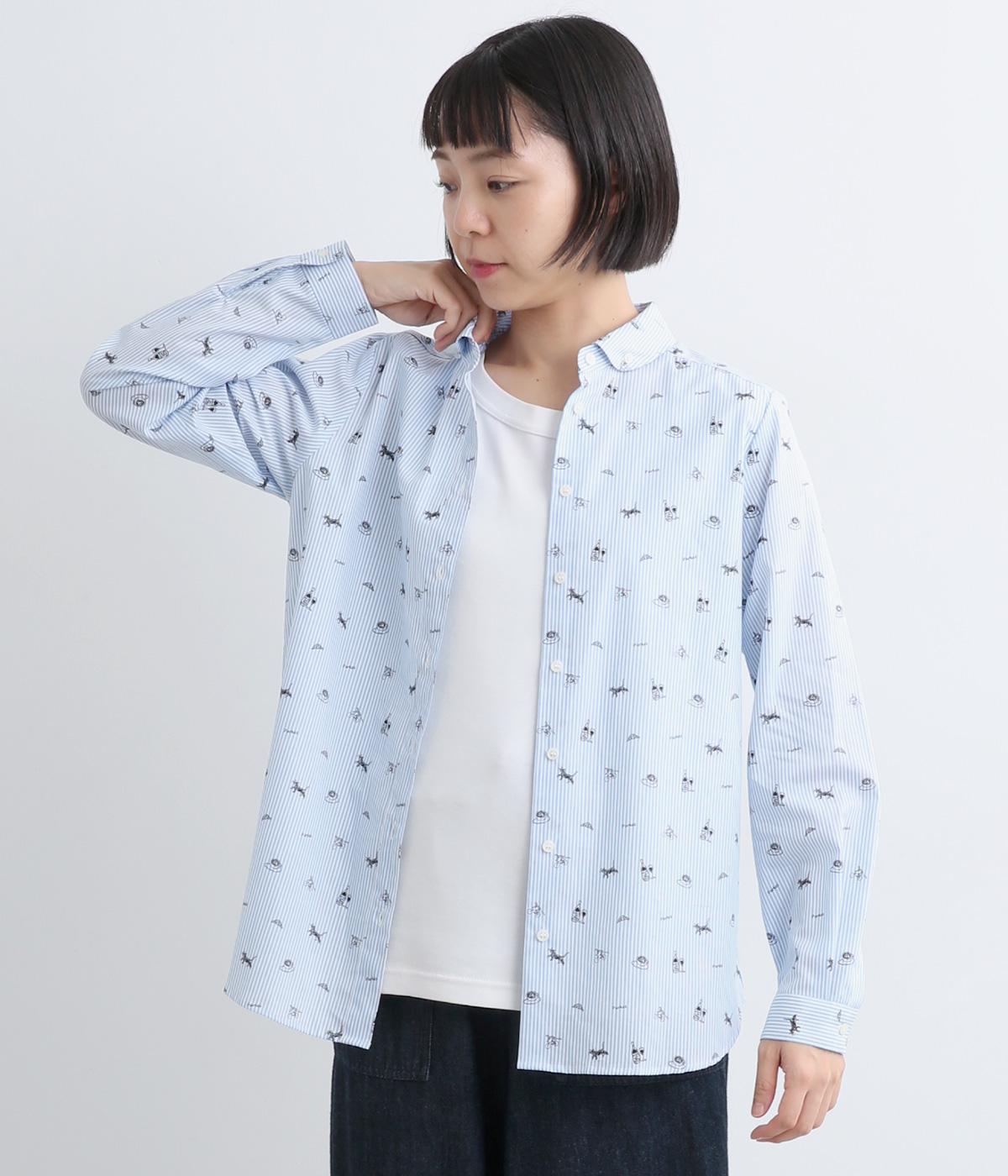 コットンオリジナルプリント丸襟ボタンダウンシャツ(ライトブルーストライプ-F)