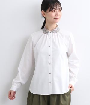 コットンリバティくるみ釦ピカデリーポプリン丸襟ギャザーブラウス