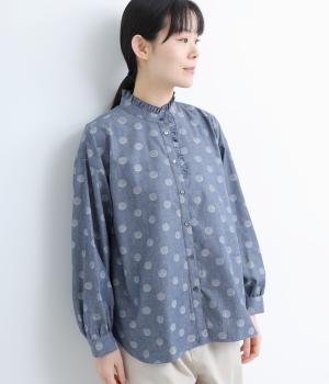 コットン先染めダンガリージャカード播州織フリルブラウス