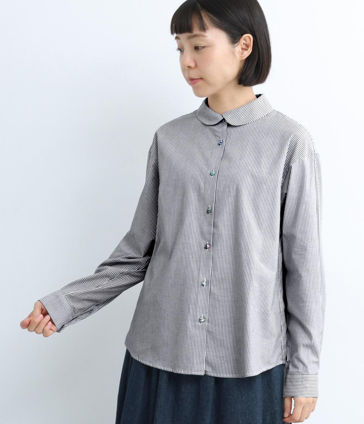 コットンリバティアソートくるみ釦重ね襟裾ラウンドカットシャツ(ストライプ-F)