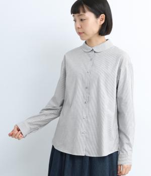 コットンリバティアソートくるみ釦重ね襟裾ラウンドカットシャツ(ストライプ-F)