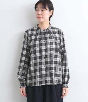 コットンレーヨンスタンドカラーシャーリング袖ブラウス